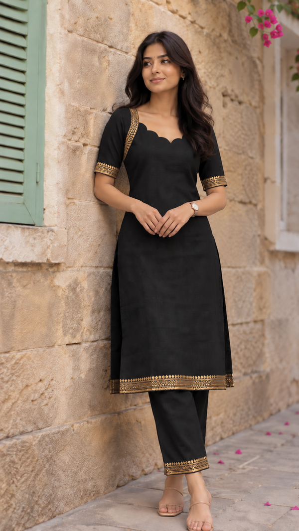 Venmathi Black Mangalagiri Cotton Kurti Set (Set of 2)