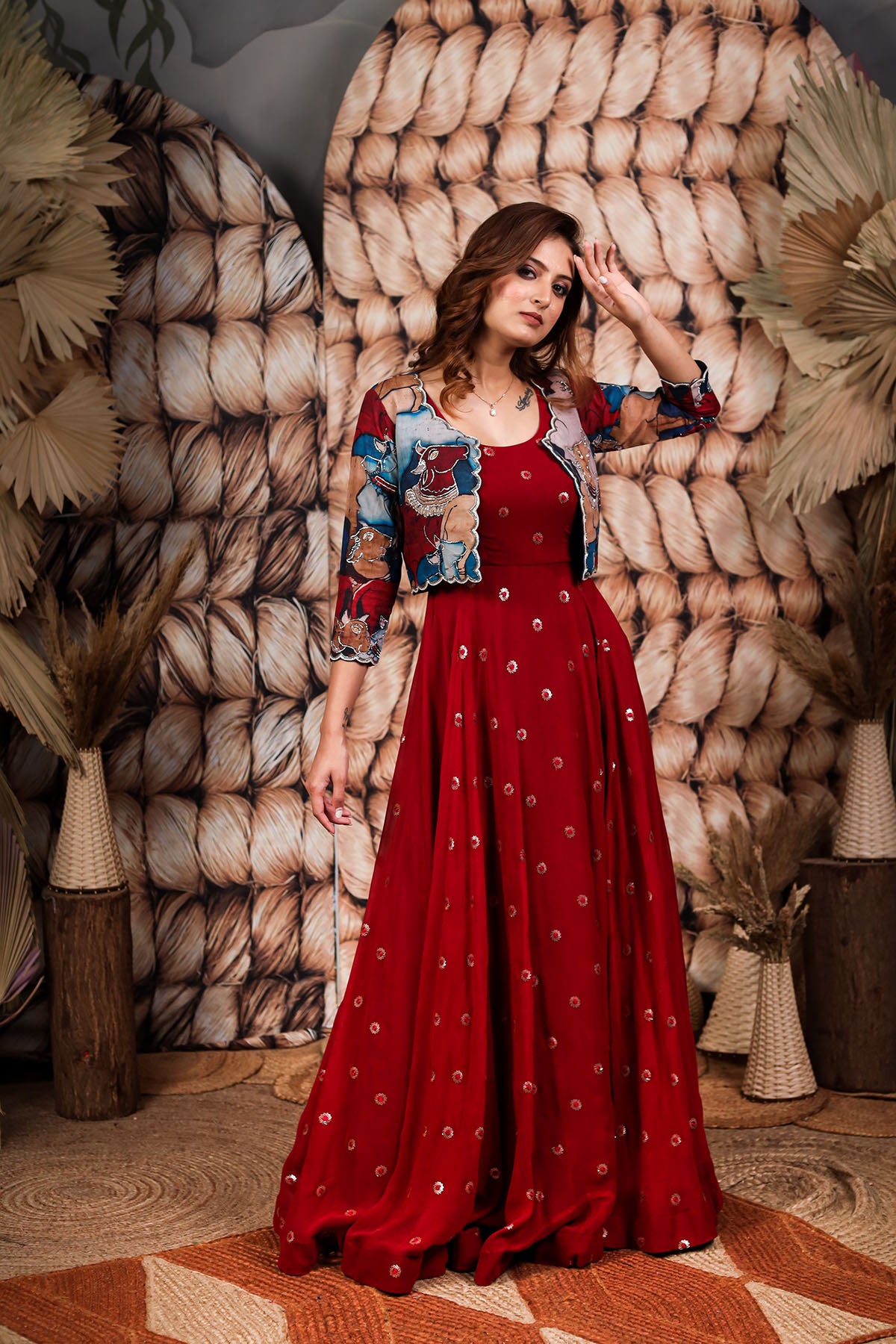 Rustic Red Anarkali Dress with Jacket