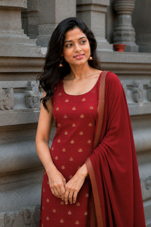 Saanvi Red Brocade Silk Kurti Set (Set of 3)