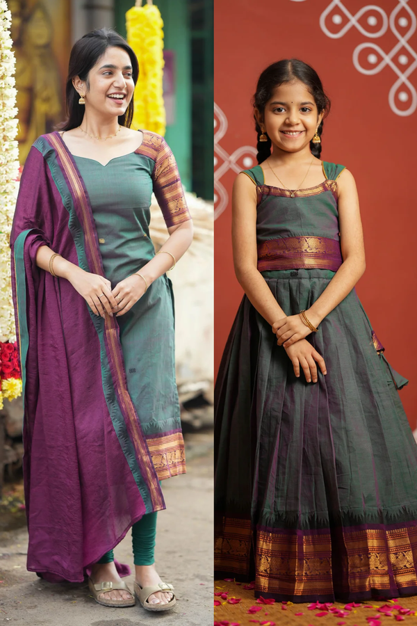 Madhuri Peacock Green Kurti with Lehenga Mom & Me