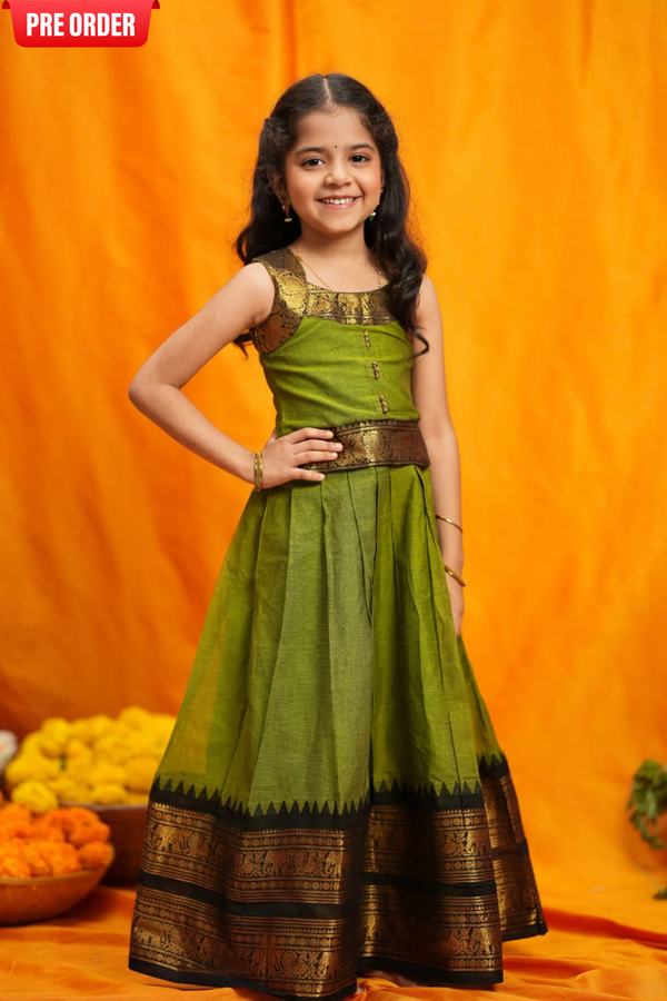 Prisha Olive Green Kids Pattu Pavadai Mini