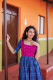 IMD - Bhumika Blue Pochampalli Dress with magenta yoke