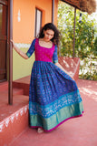 IMD - Bhumika Blue Pochampalli Dress with magenta yoke