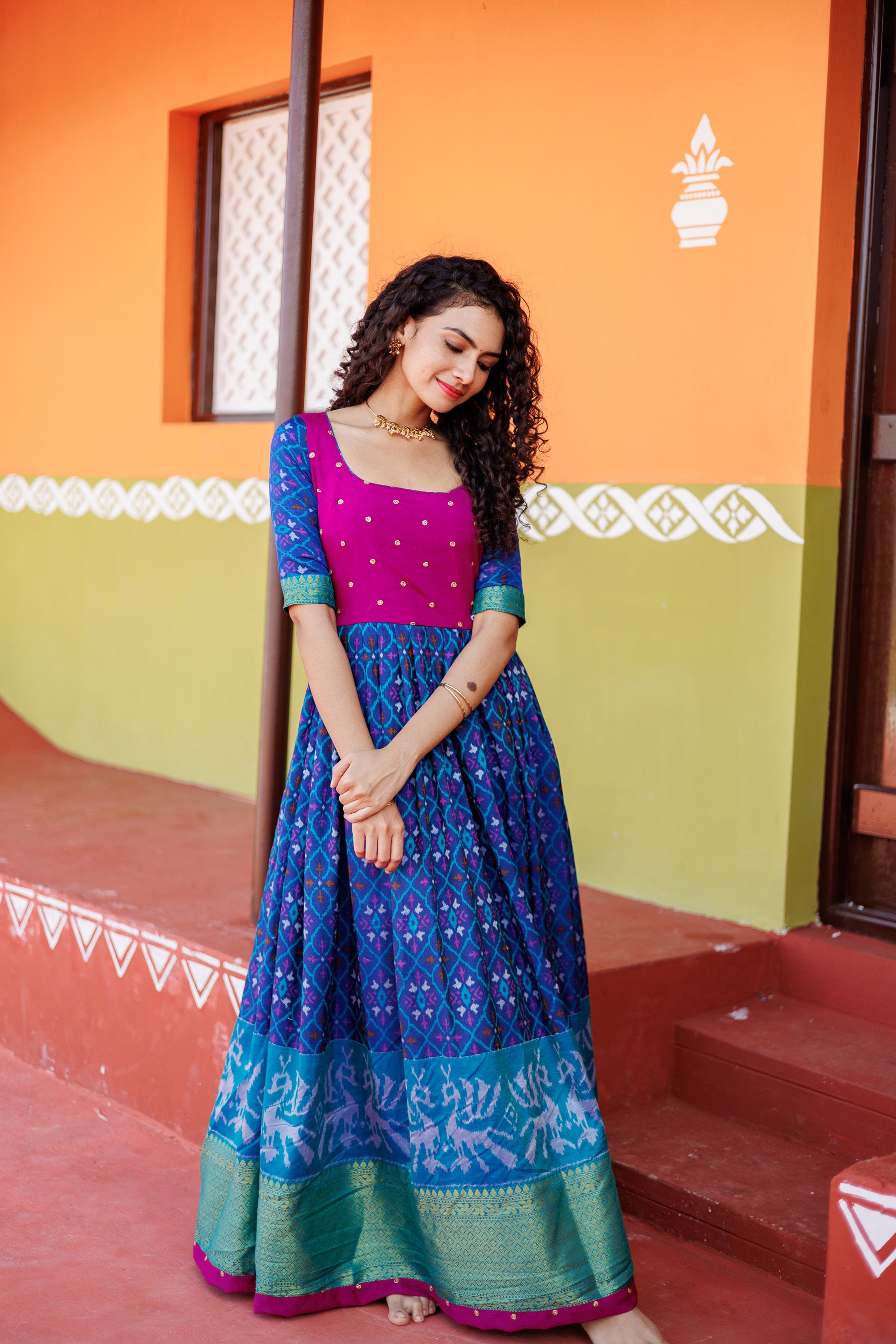 Bhumika Blue Pochampalli Dress with magenta yoke