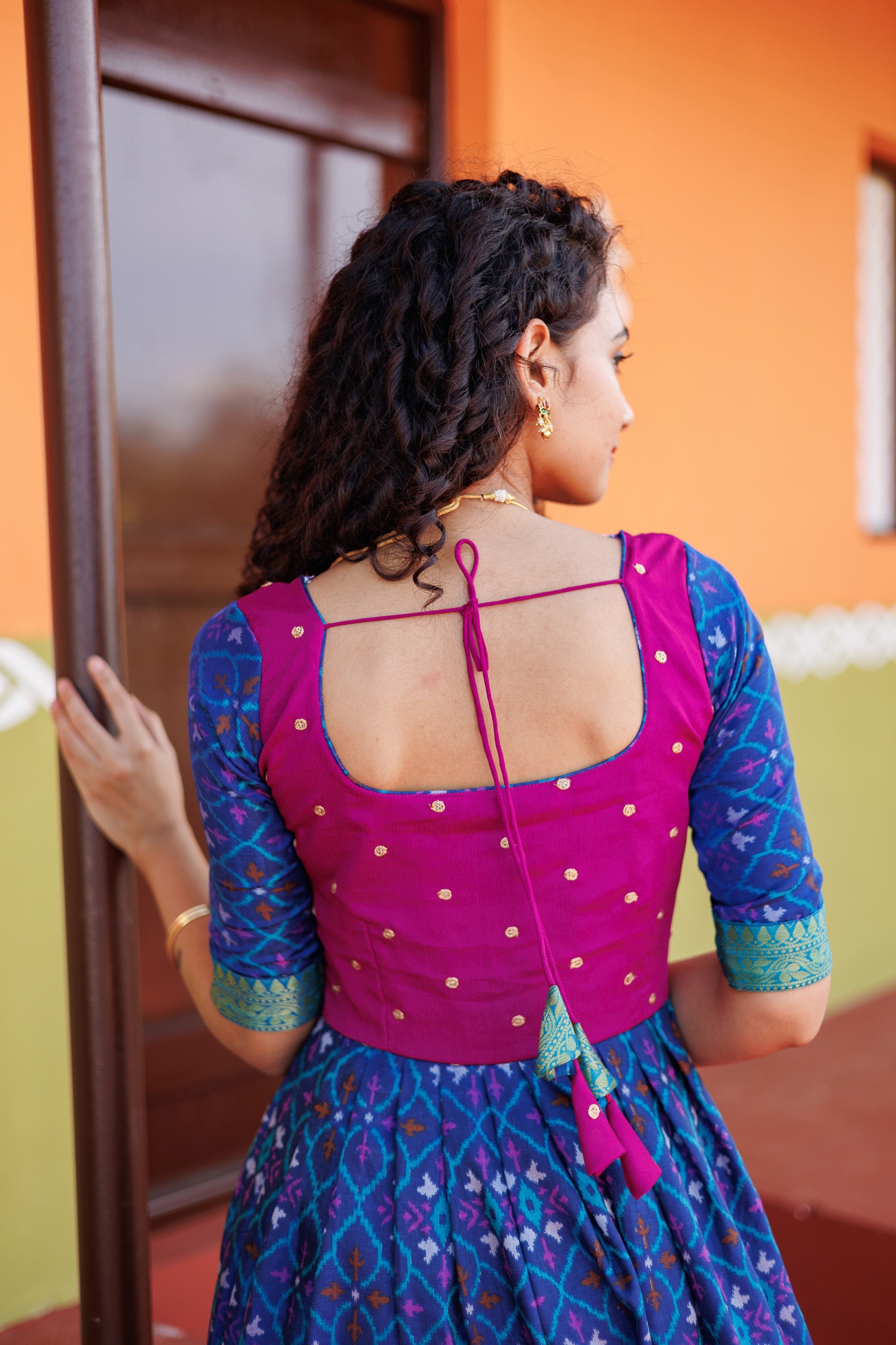 IMD - Bhumika Blue Pochampalli Dress with magenta yoke