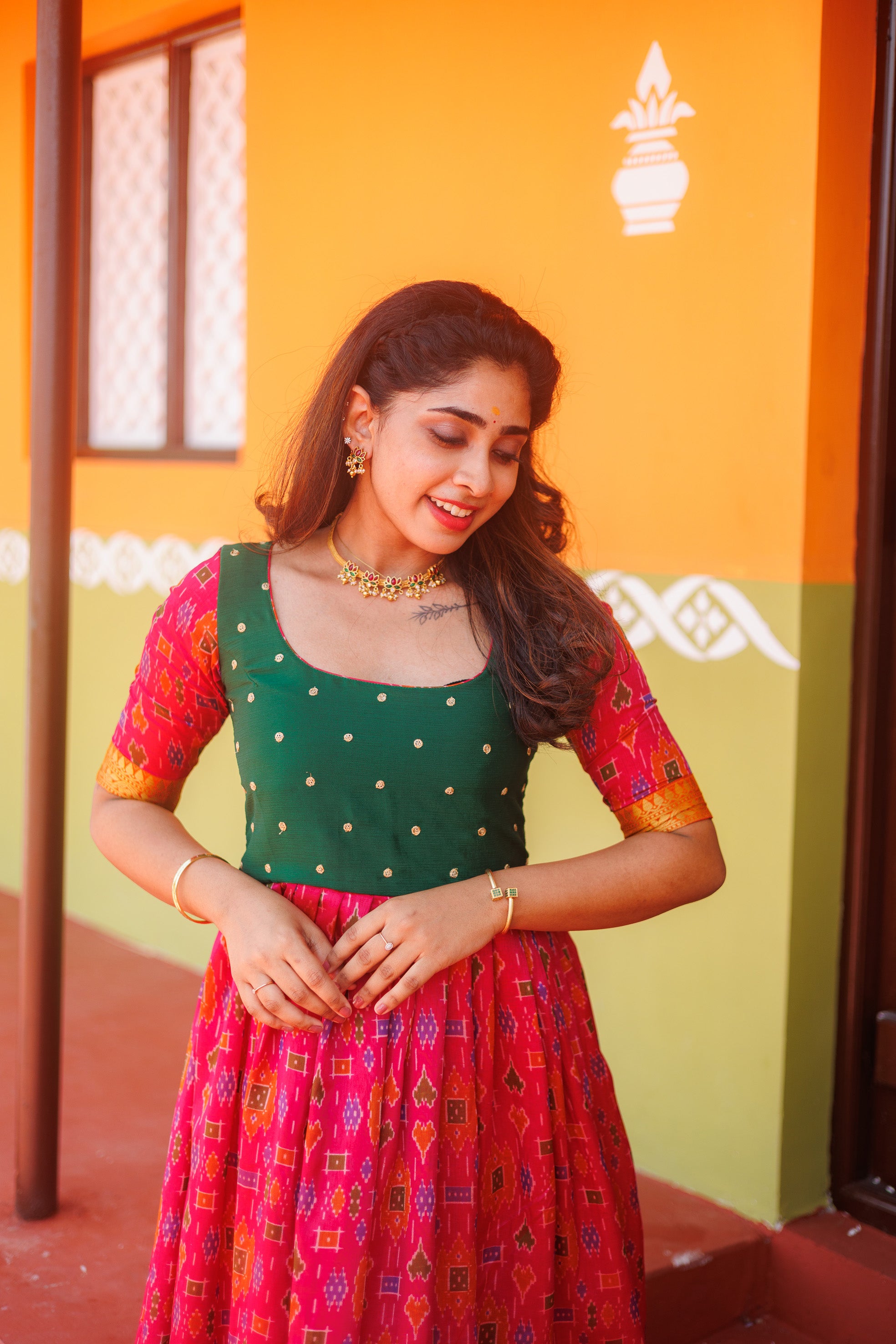 Bhumika Magenta Pochampalli Dress with green yoke