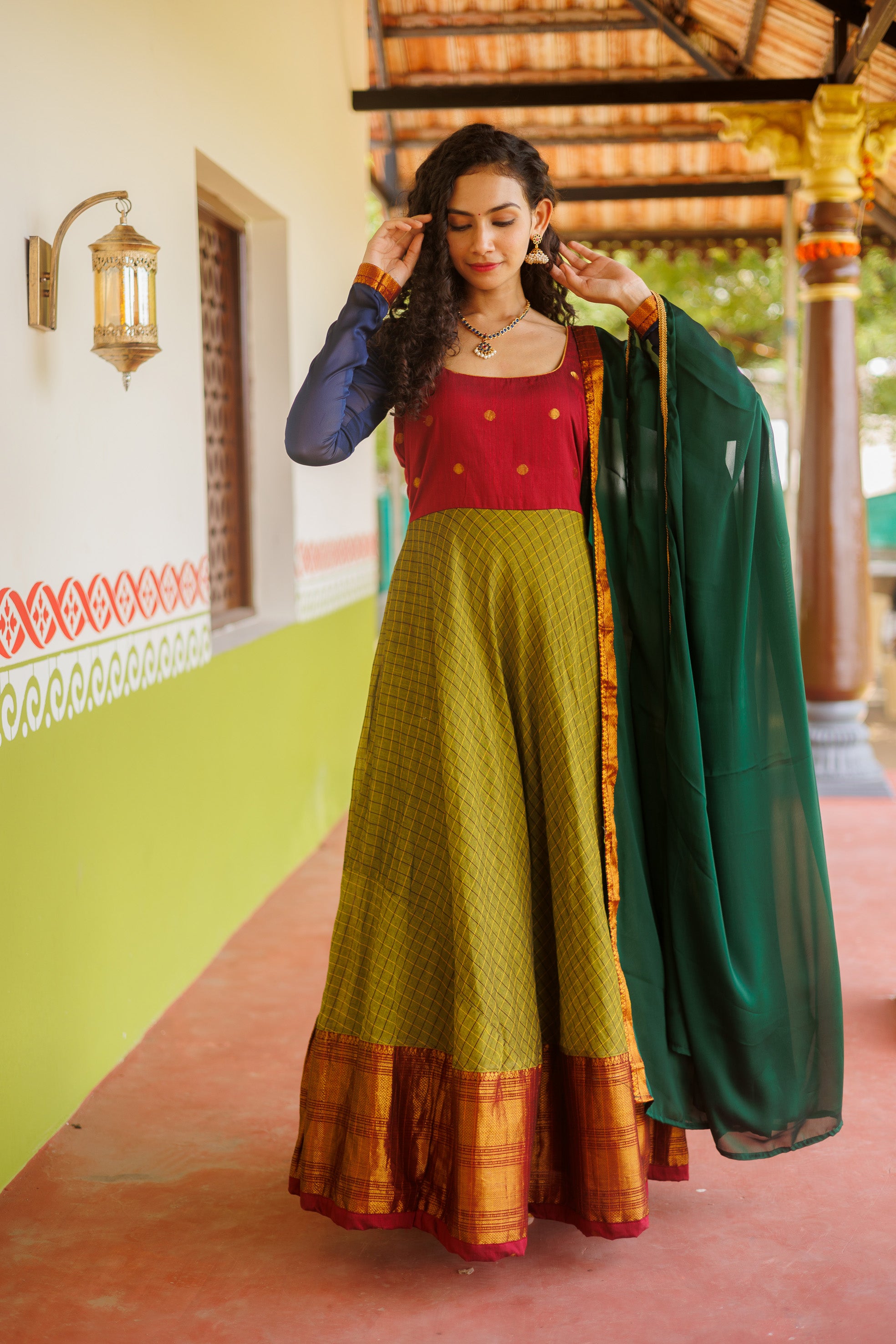 Inbha Green with Maroon Dress