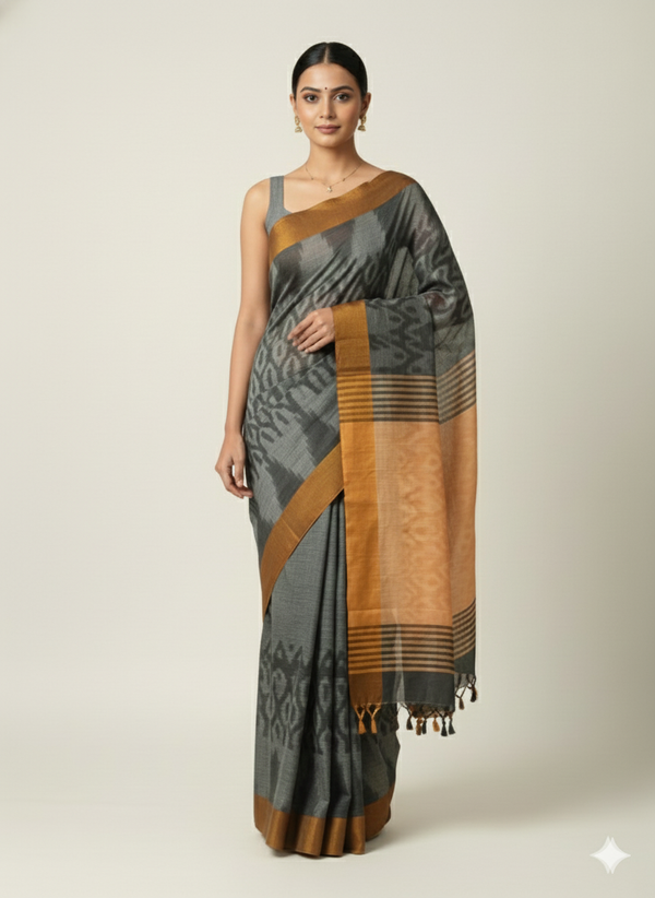 Mustard & Charcoal Mul Cotton Saree