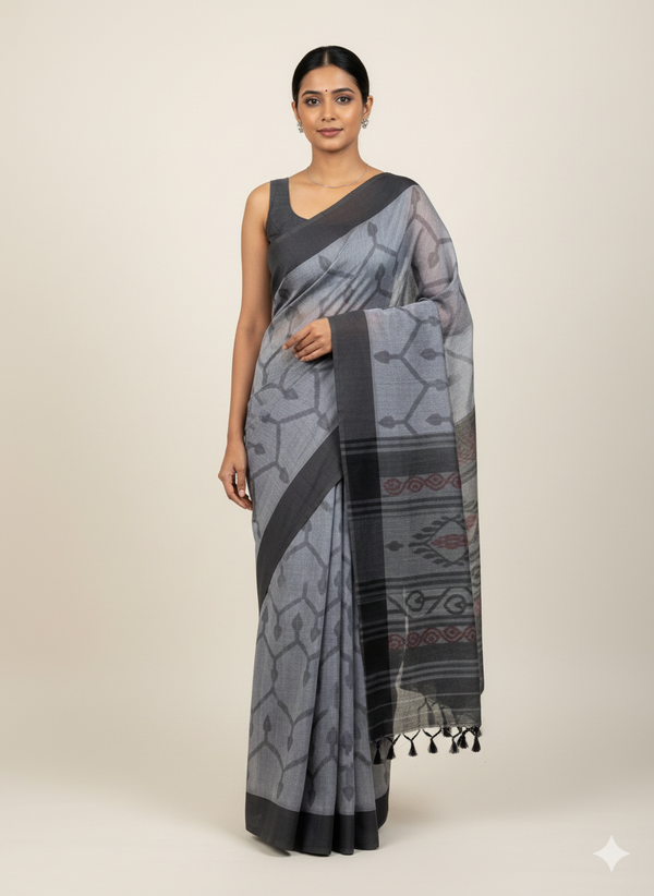 Grey & Black Mul Cotton Saree