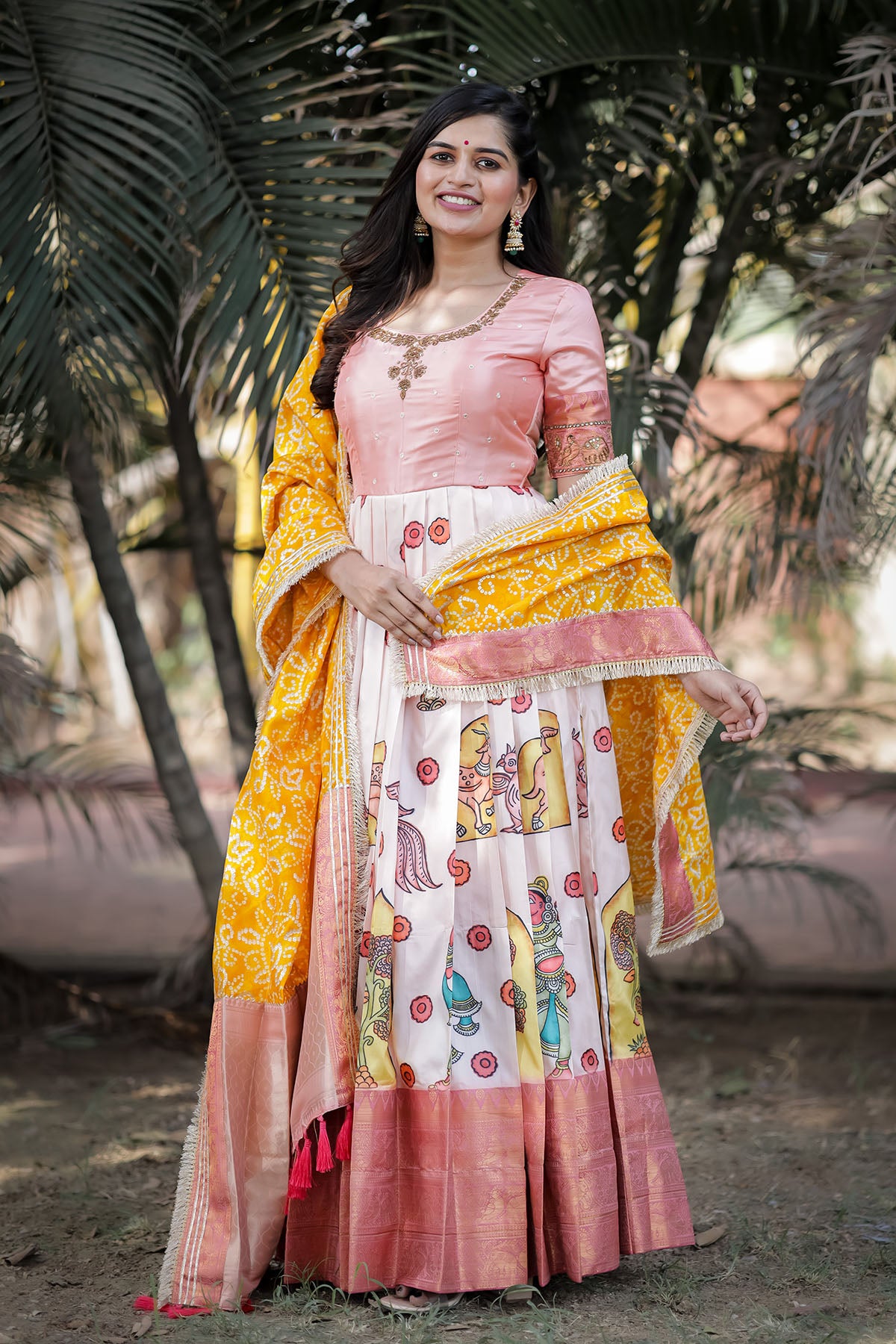 Peach Yoke Kalamkari Dress with Yellow dupatta( FW )