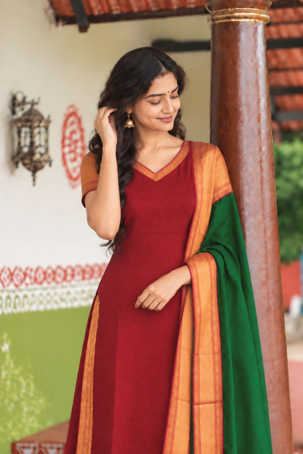 Veena Maroon Narayanpet Kurti Set (Set of 2)