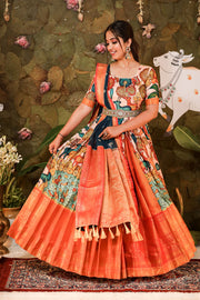 Light peach red kalamkari dress with Zari border and dupatta