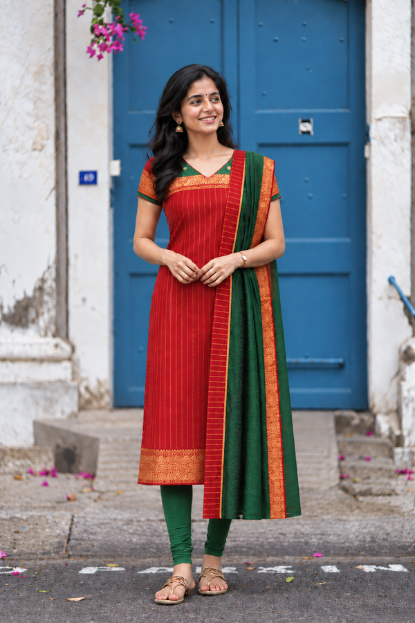 Vrindha Red Stripes Chettinad Cotton Kurti Set ( Set of 2 )