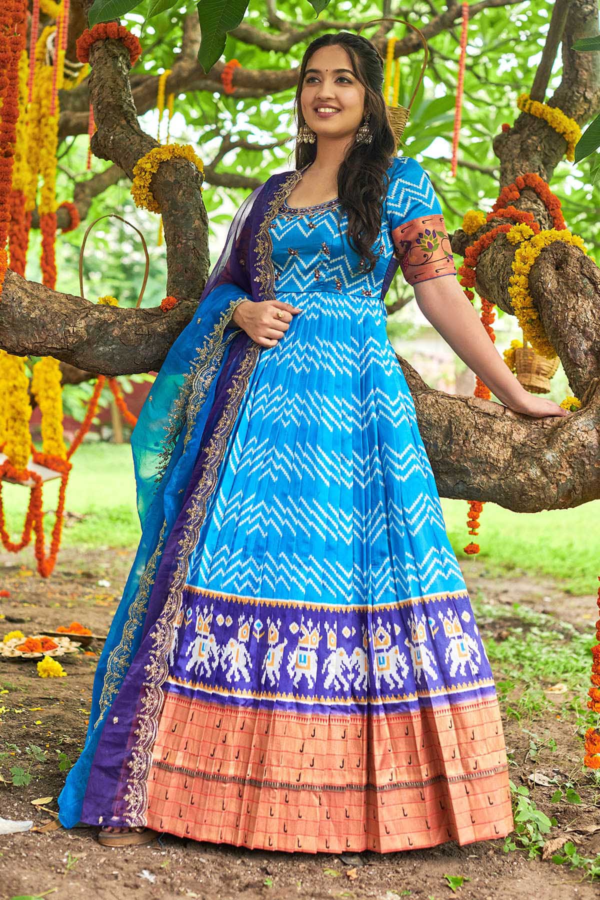 Blue Hand Embroidered Patola Paithani Dress ( FW )