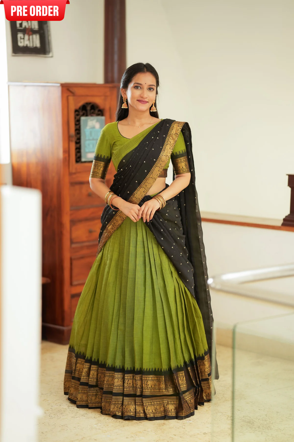 Prisha Olive Green Handwoven Halfsaree-Unstitched