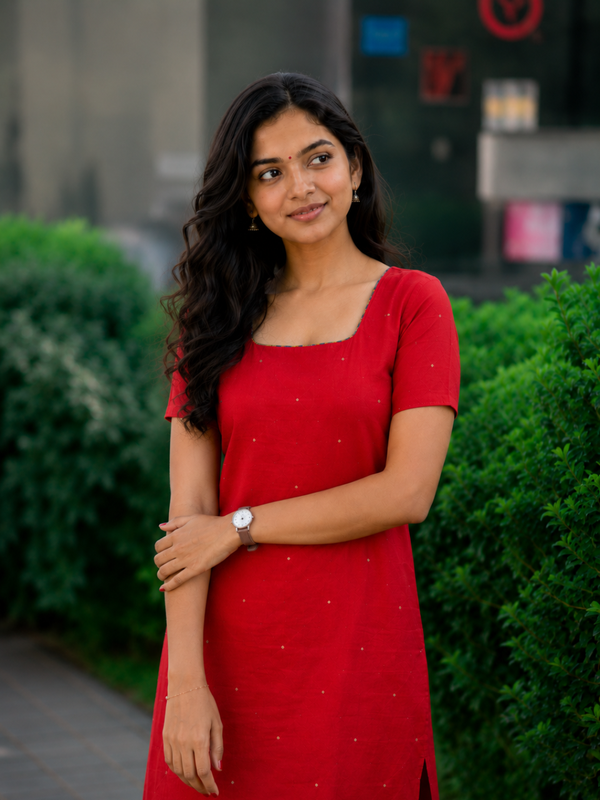 Poorni Red Cotton Kurti Set (Set of 2 )