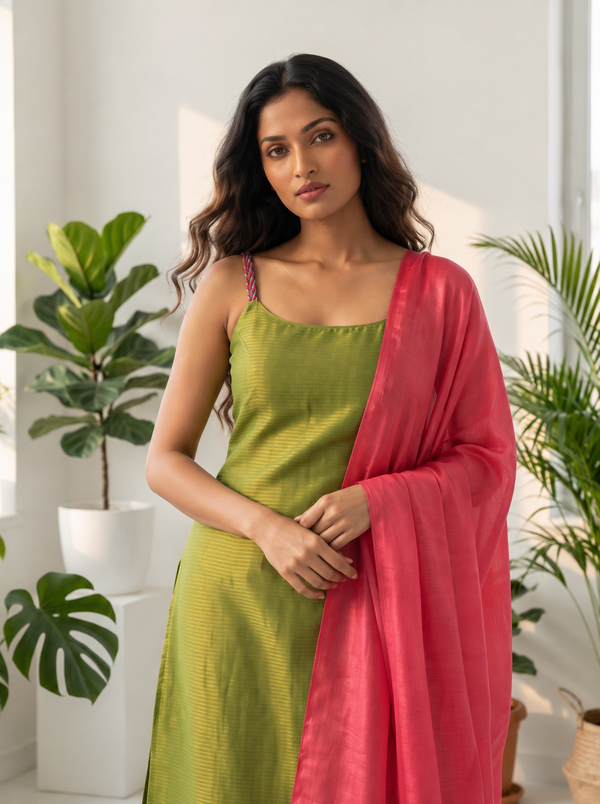 Mayilini Green Shimmer Kotta Spaghetti Kurti Set ( Set of 2 )