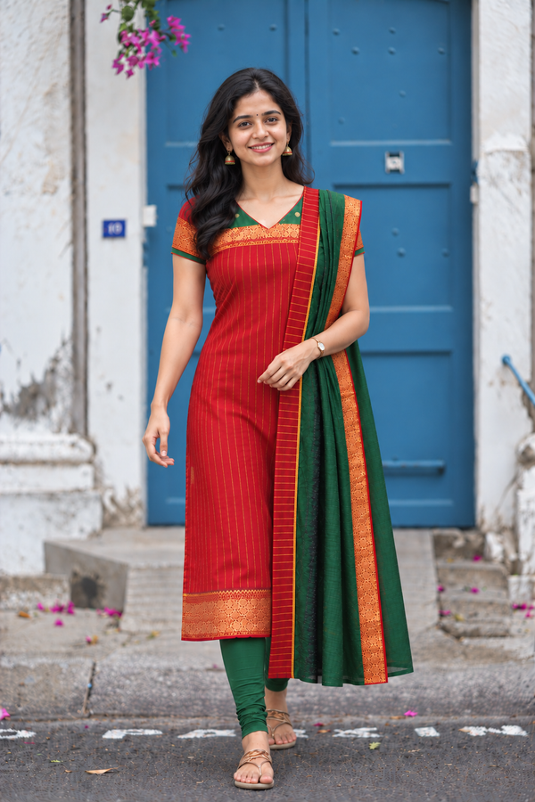 Vrindha Red Stripes Chettinad Cotton Kurti Set ( Set of 2 )
