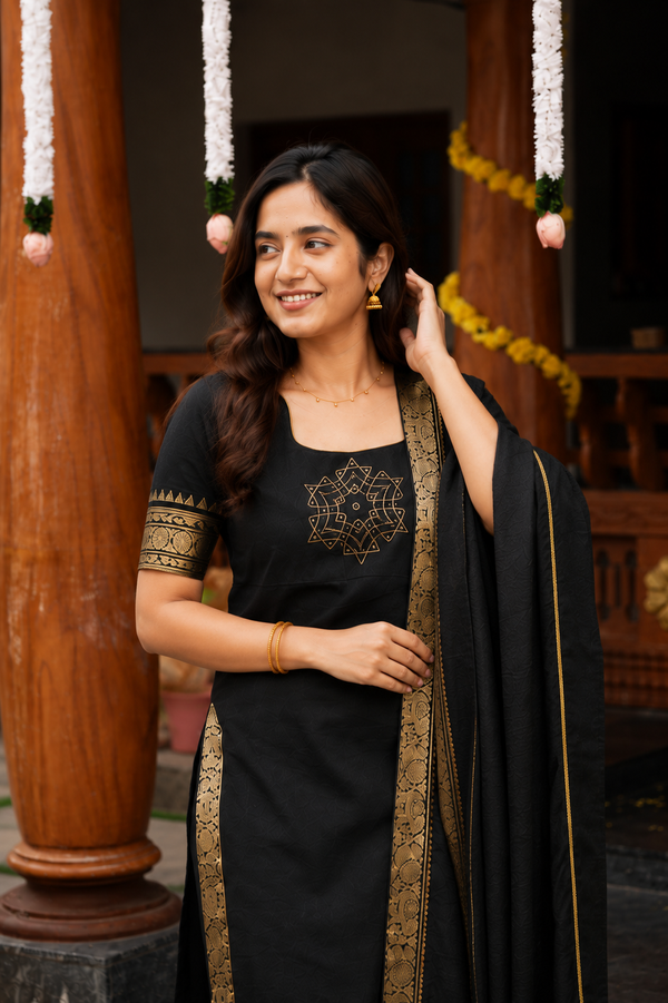 Riddhi Black Chettinad Cotton Kurti Set (Set of 2 )