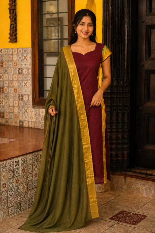 Vennila Brown Chettinad Cotton Kurti Set ( Set of 2 )