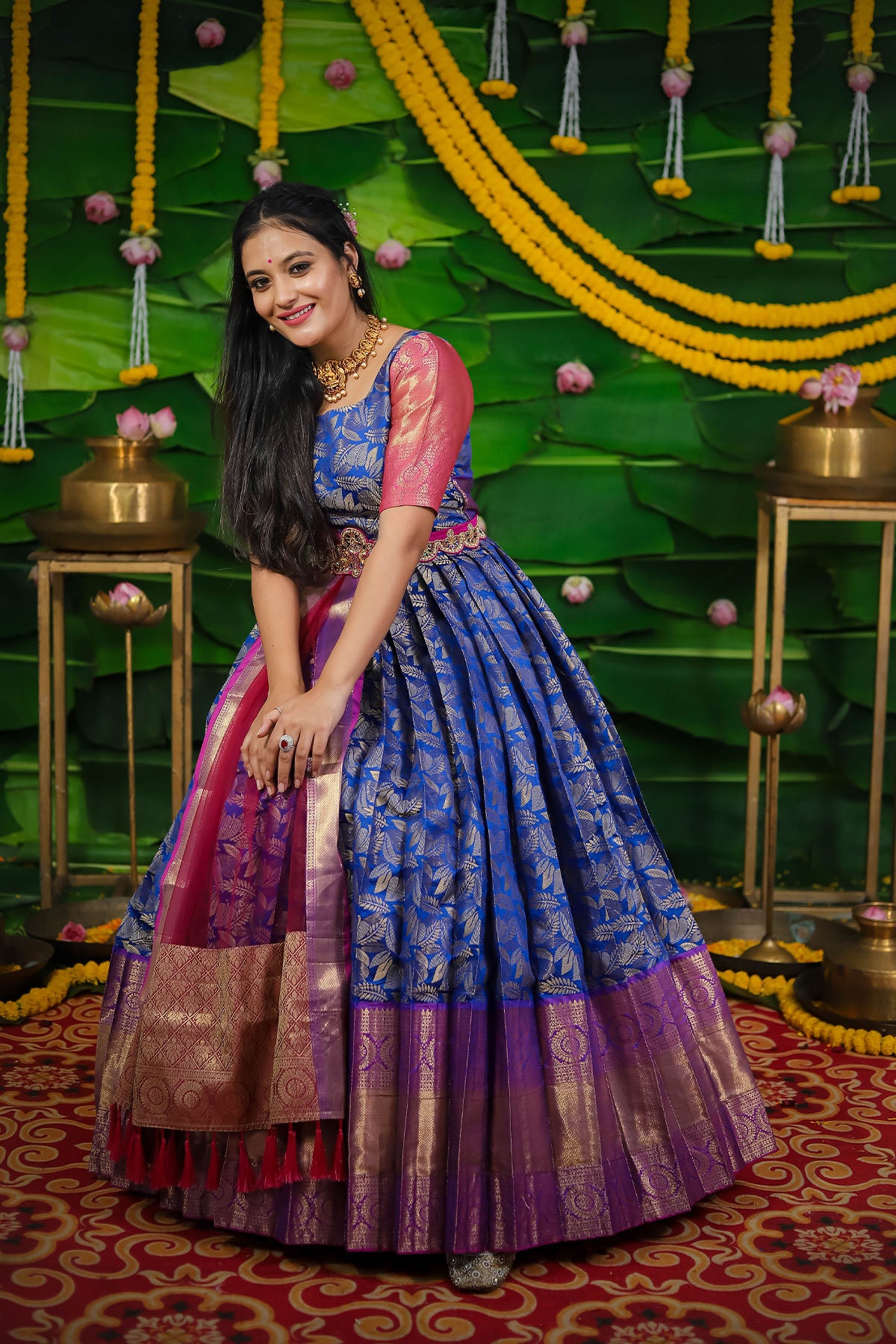 Blue Pink Banarasi Silk Dress ( FW )