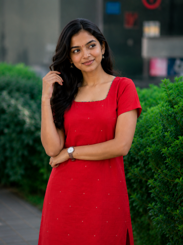 Poorni Red Cotton Kurti Set (Set of 2 )