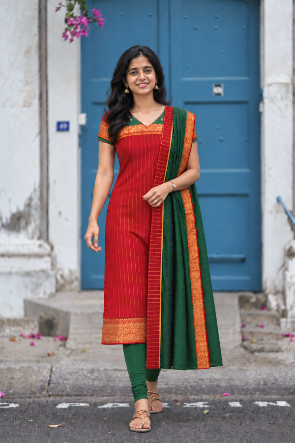 Vrindha Red Stripes Chettinad Cotton Kurti Set ( Set of 2 )