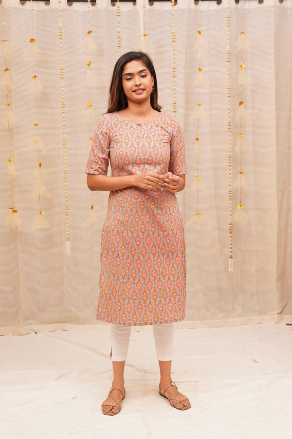 GRG - Saanvi Pink and Grey Jaipur Block Printed Cotton Kurti - XS only