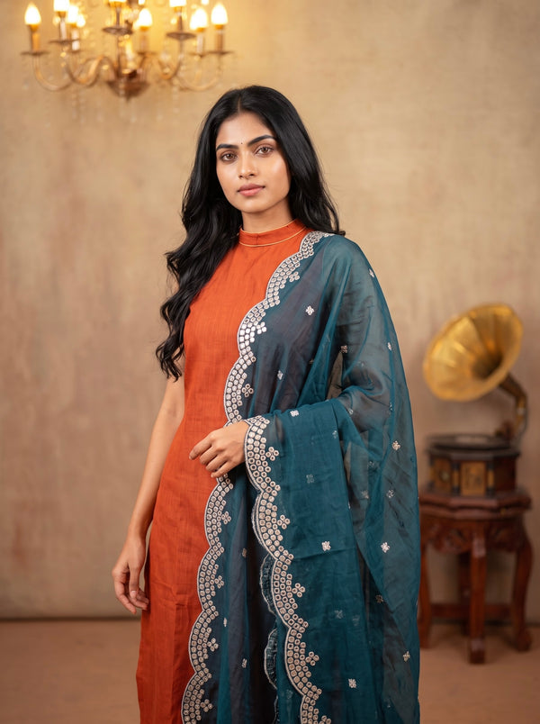 Amaira Rust Orange Chanderi Coord Set (Set of 3)