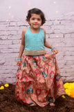 Modern Blue and Peach Designer Kalamkari Print Skirt & Soft Silk Top Set for Girls