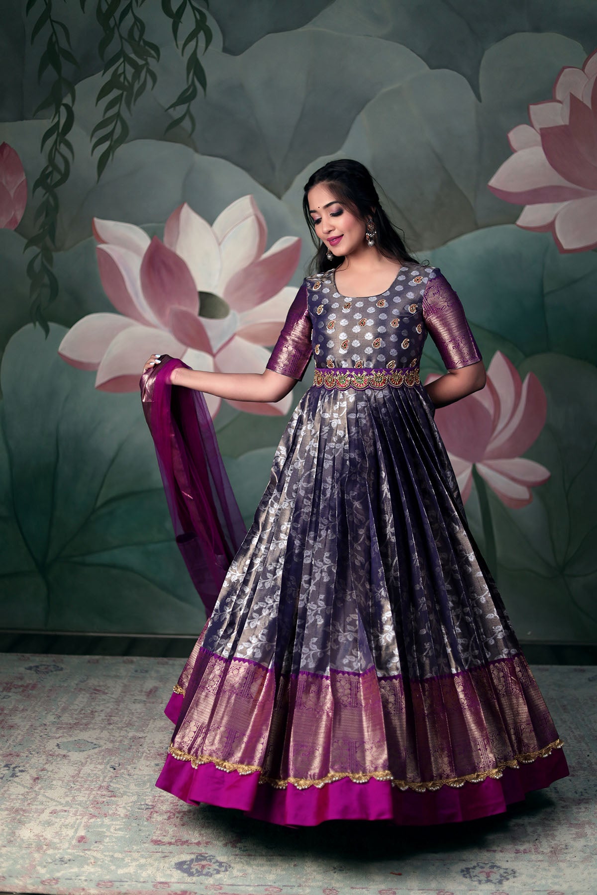 Magenta Copper Banarasi Silk Gown ( FW )