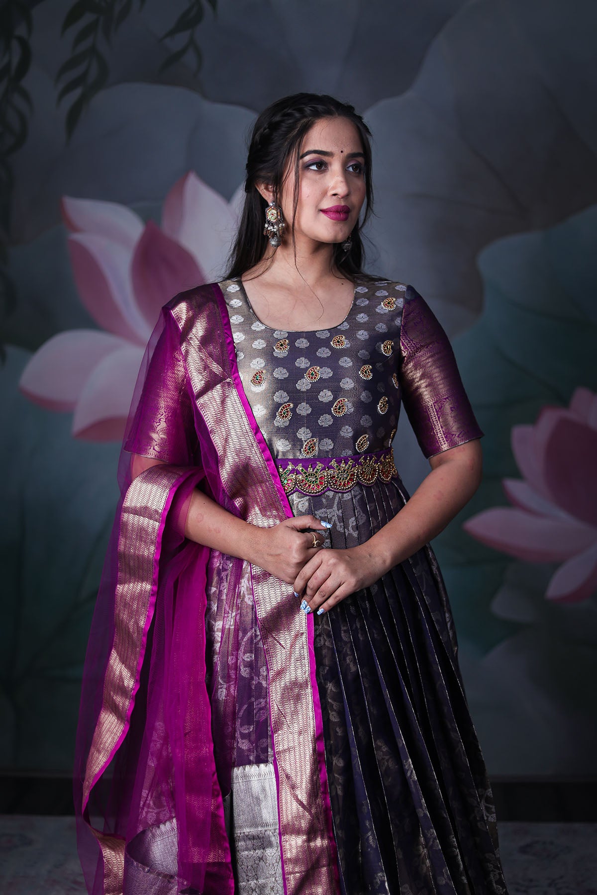 Magenta Copper Banarasi Silk Gown ( FW )