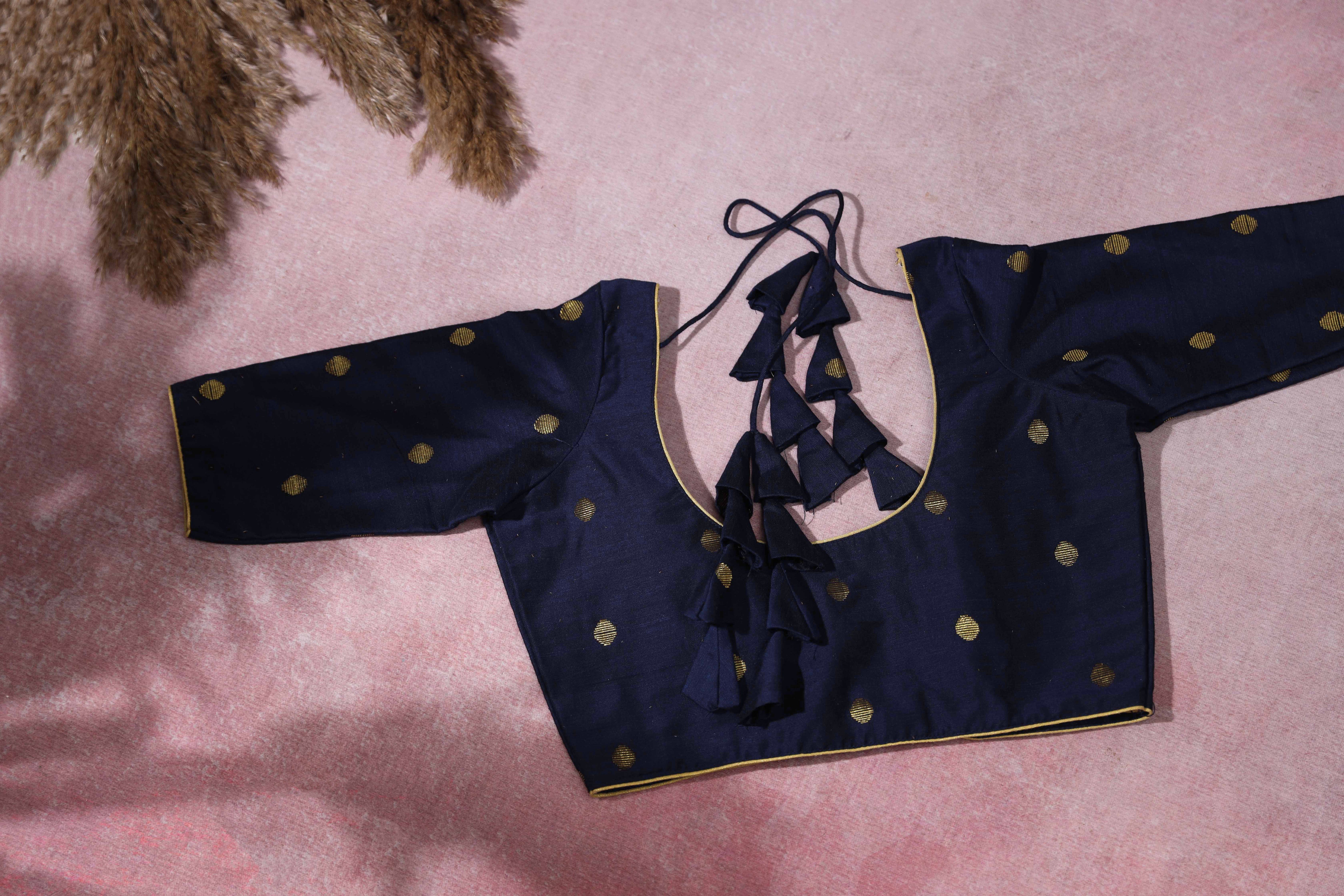 Stitched Navy Blue Silk Blouse with Zari Embellishments 