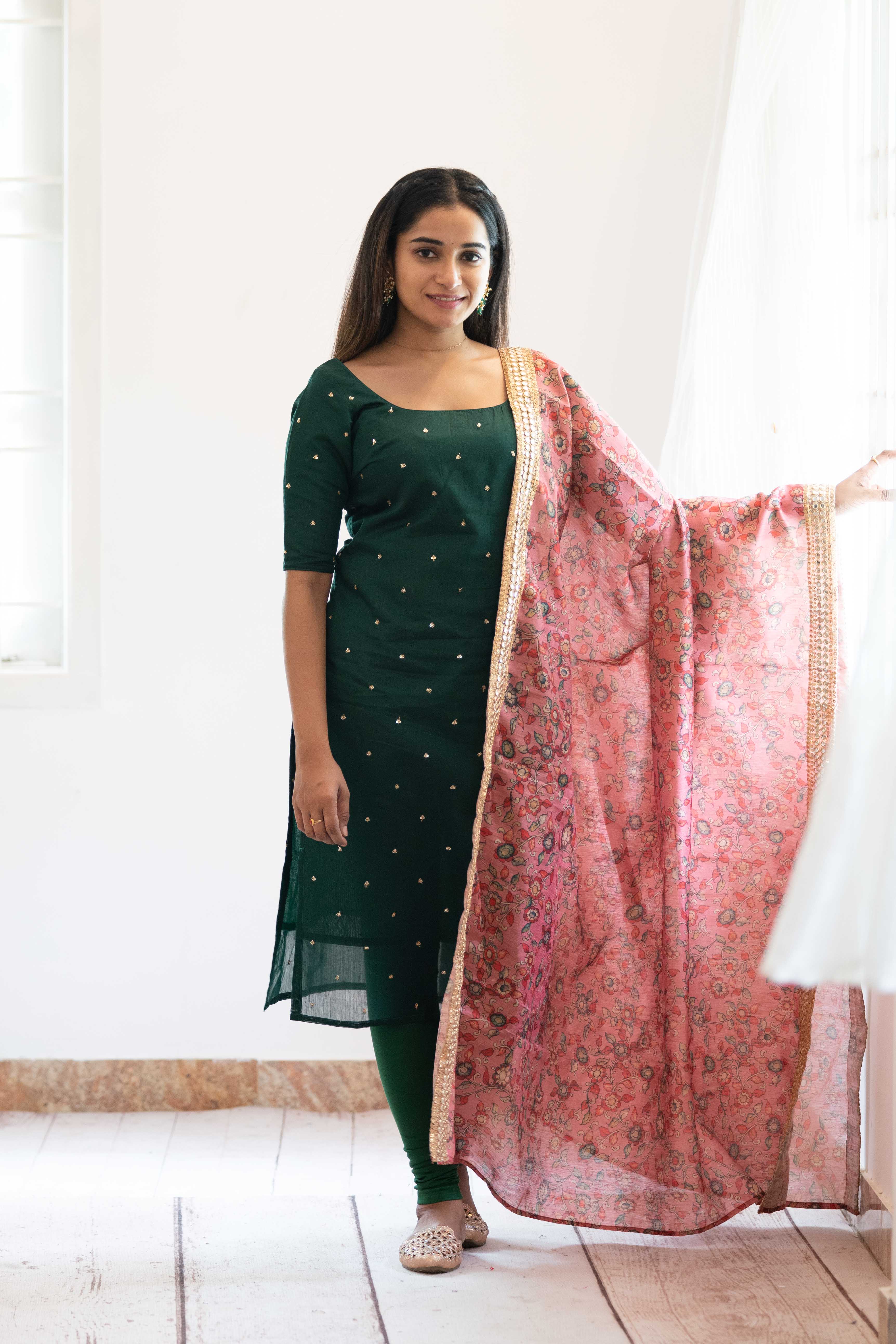 IMD - Chaaya Green Top with Pink Kalamkari printed dupatta