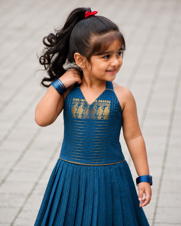 Venba Teal Chettinad Cotton Lehenga Mini (Set of 2 )