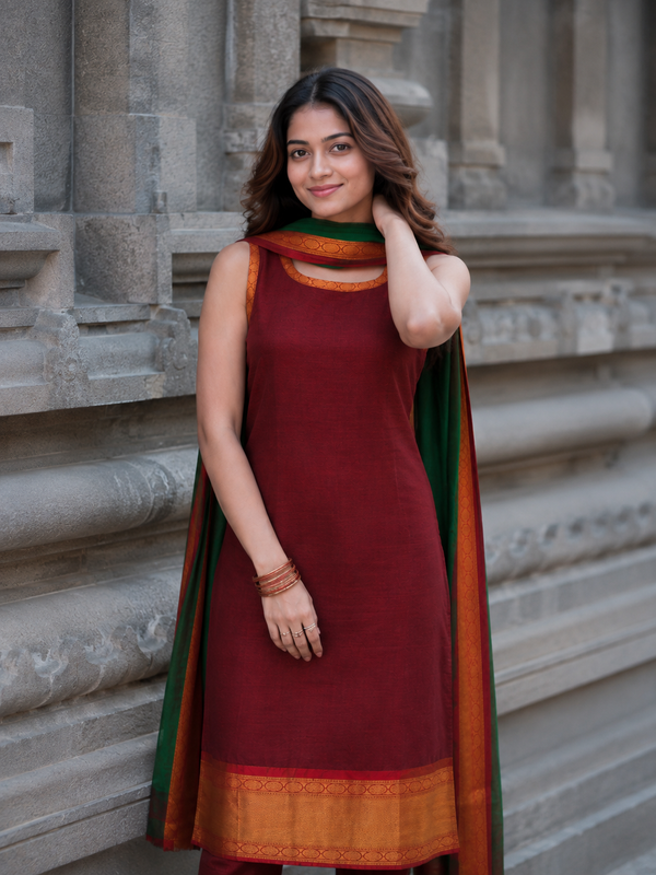 Apoorva Maroon Narayanpet Cotton Kurti Set ( set of 2 )
