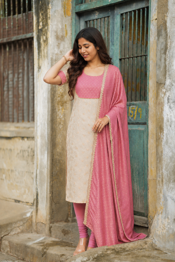 Menmozhi Ivory with Pink Kurti (Set of 2)