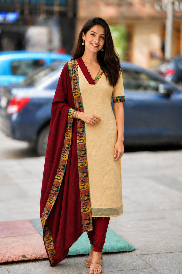 Lakshika Beige with Maroon Kurti (Set of 2)