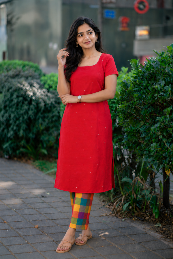 Poorni Red Cotton Kurti Set (Set of 2 )