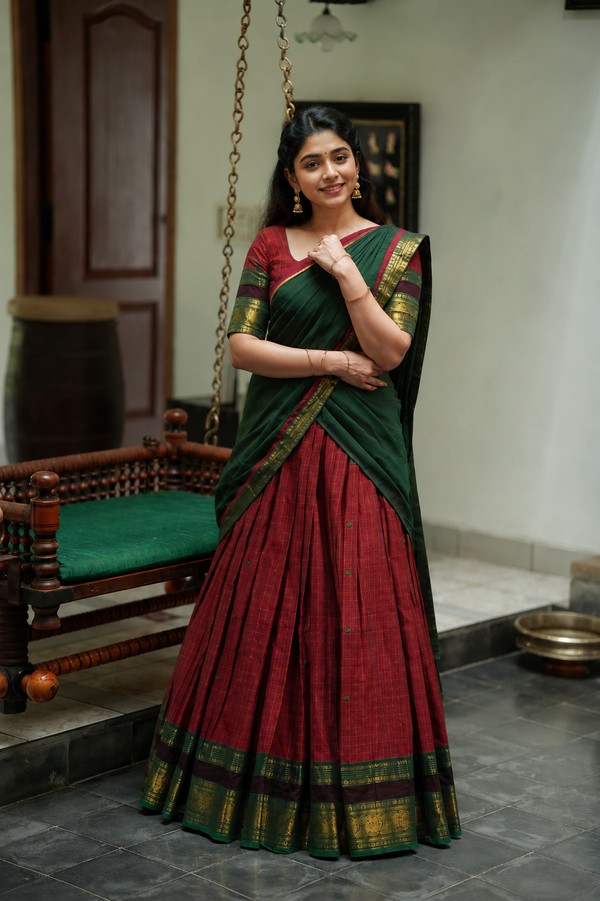 Sana Red Checks Chettinad Cotton Halfsaree (Set of 3)