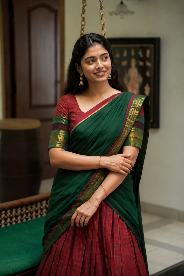 Sana Red Checks Chettinad Cotton Halfsaree (Set of 3)