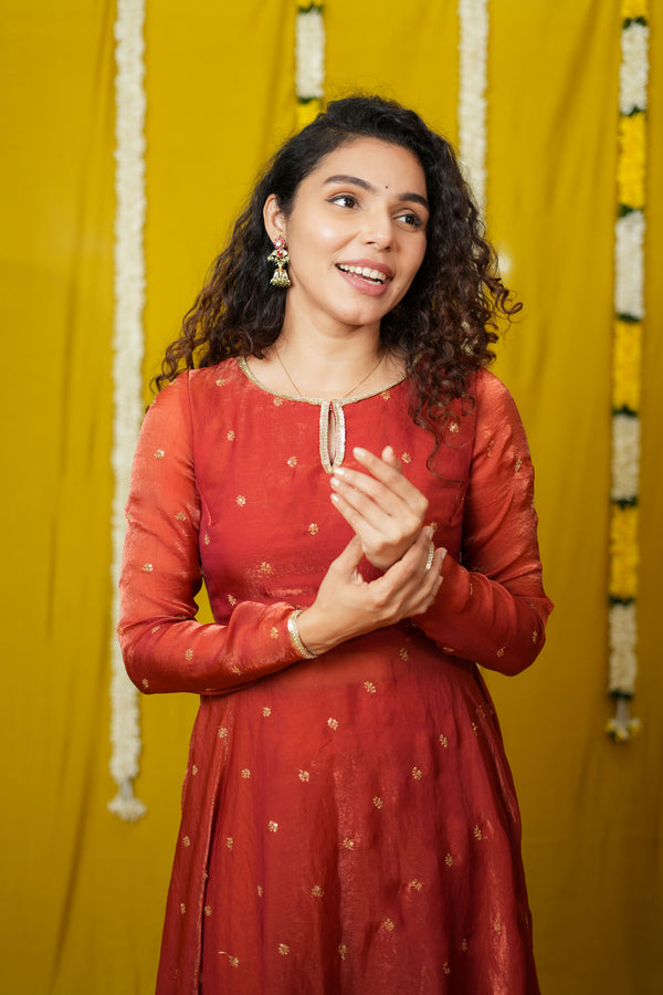 Pirainila Rust Orange Anarkali Kurta (Set of 2)