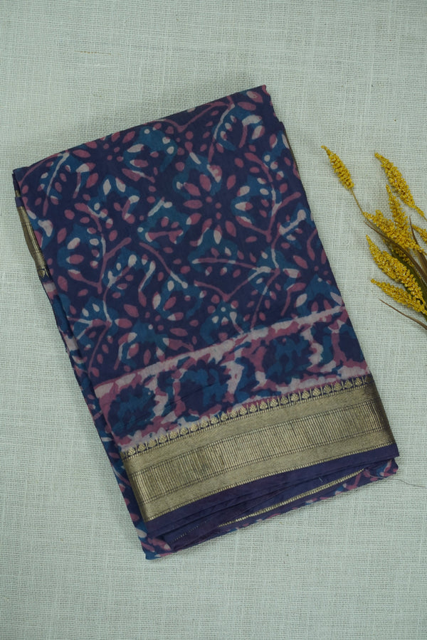 Blue and Mauve Chettinad Cotton Saree with Zari