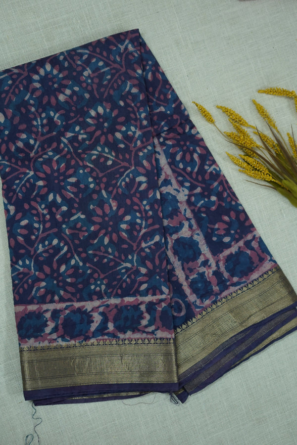 Blue and Mauve Chettinad Cotton Saree with Zari