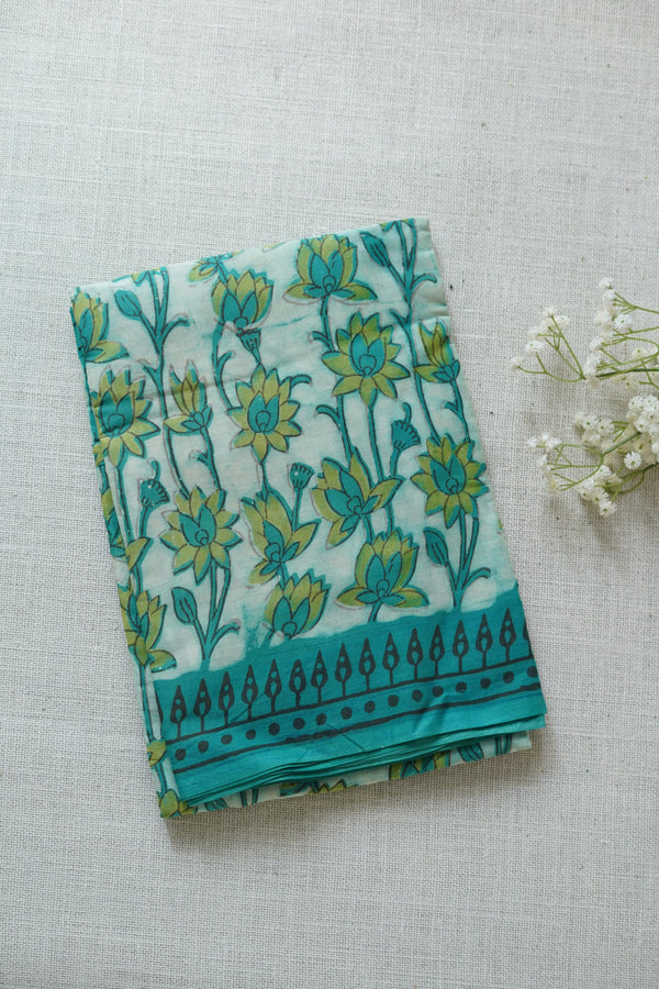 Floral Print Aqua Blue Handloom Chettinad Cotton Saree