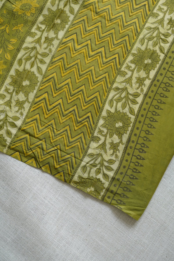 Beige with Yellow Green Floral Print Handloom Chettinad Cotton Saree