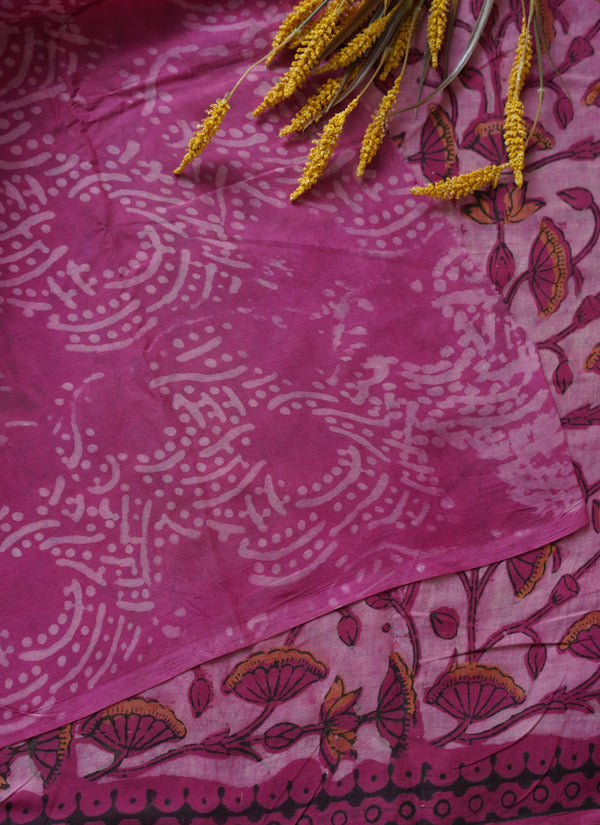 Magenta Floral Print Handloom Chettinad Cotton Saree