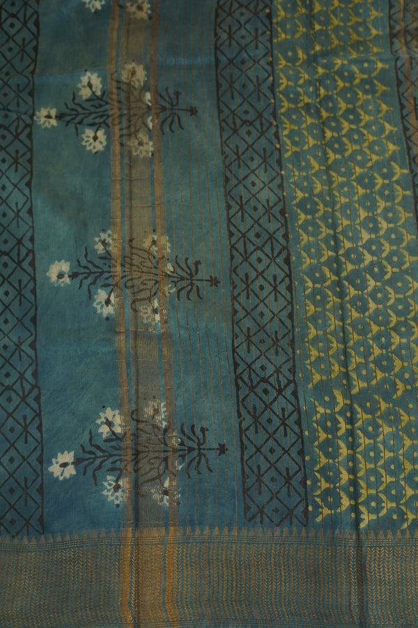 Cream and Elephant Grey Floral Print Chettinad Cotton Saree