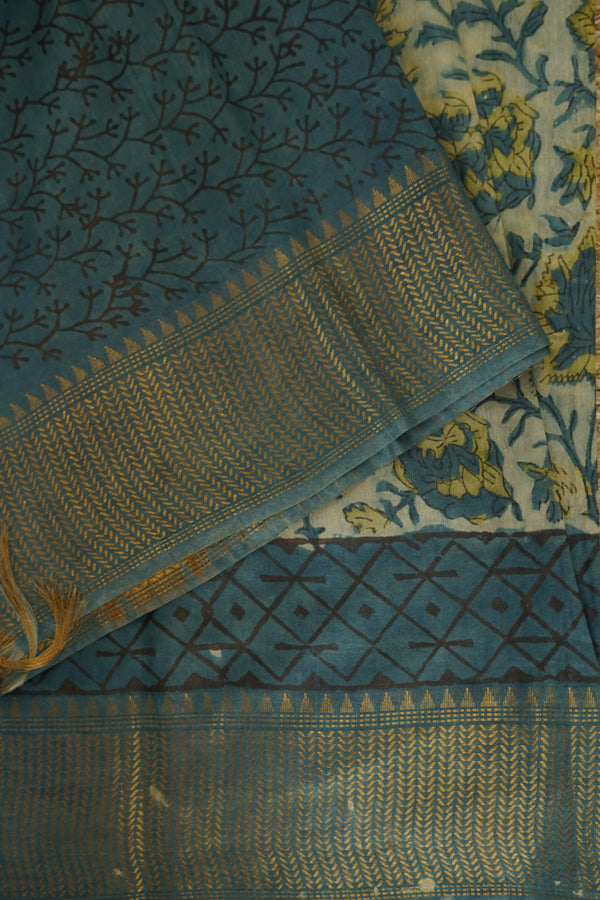 Cream and Elephant Grey Floral Print Chettinad Cotton Saree