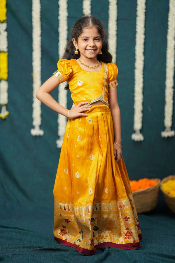Maithiri yellow Silk Kids Lehenga Set mini